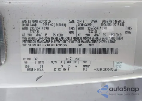 2013 Ford Escape S z USA, uszkodzony, nr VIN 1FMCU0F7XDUD79136